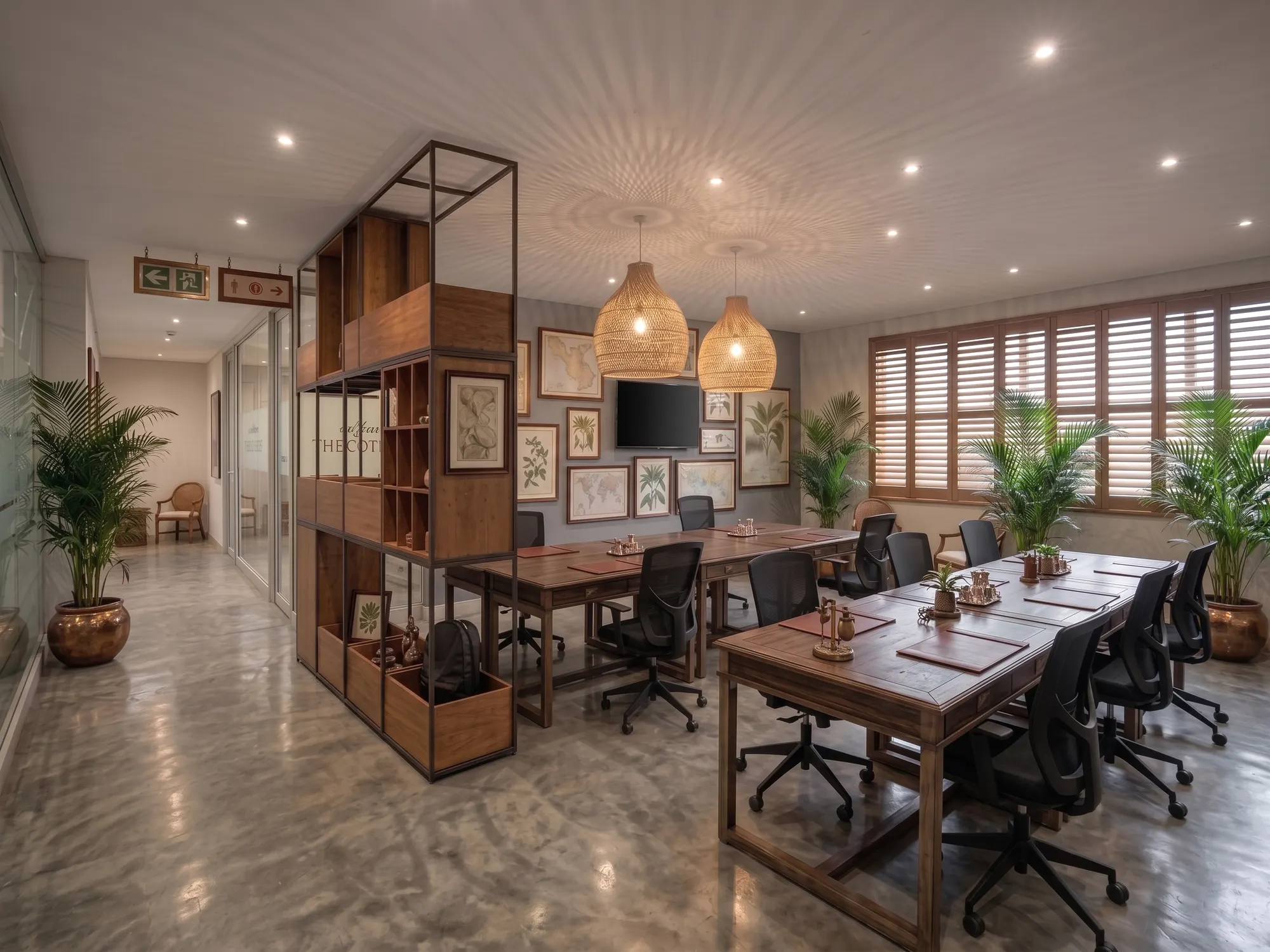 The hot desk room at The Coterie, shelving and framed botanicals